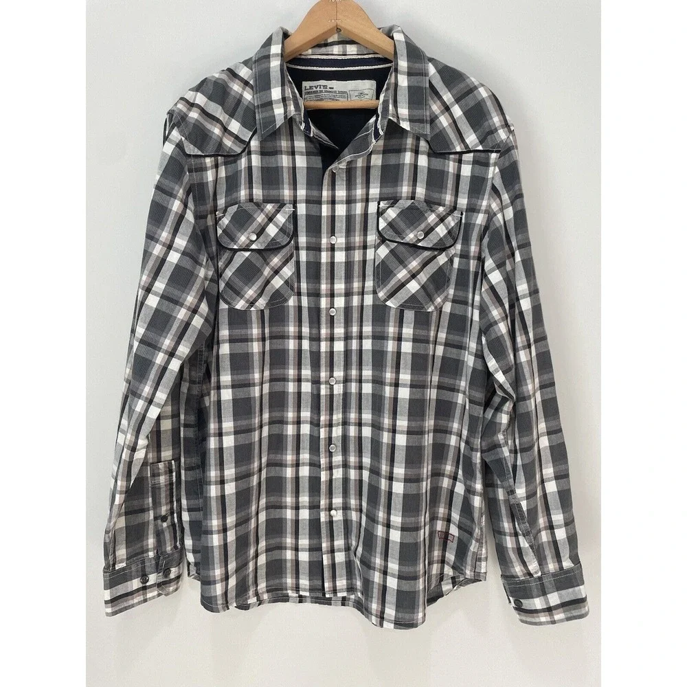 Levis Men L Western Pearl Snap Button up  Shirt Plaid Cotton Piping‎ CowBoy Gray